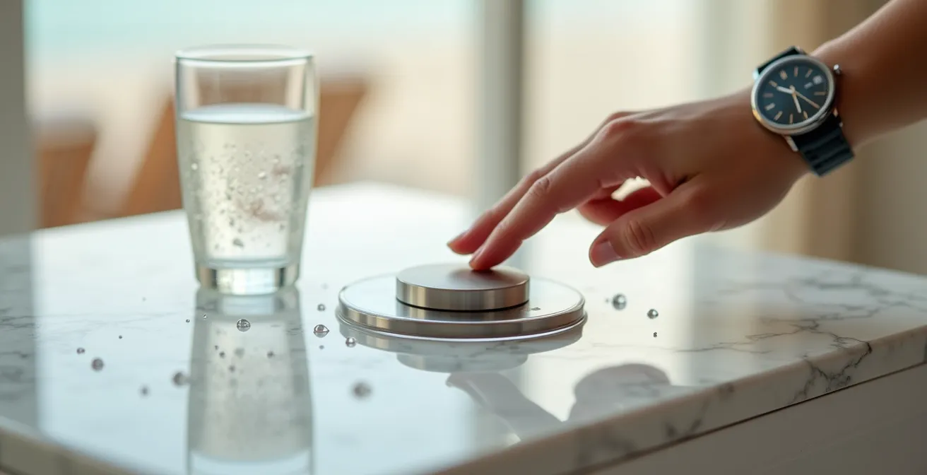 Close-up of an elegant service button on a marble side table in a luxury beach cabana