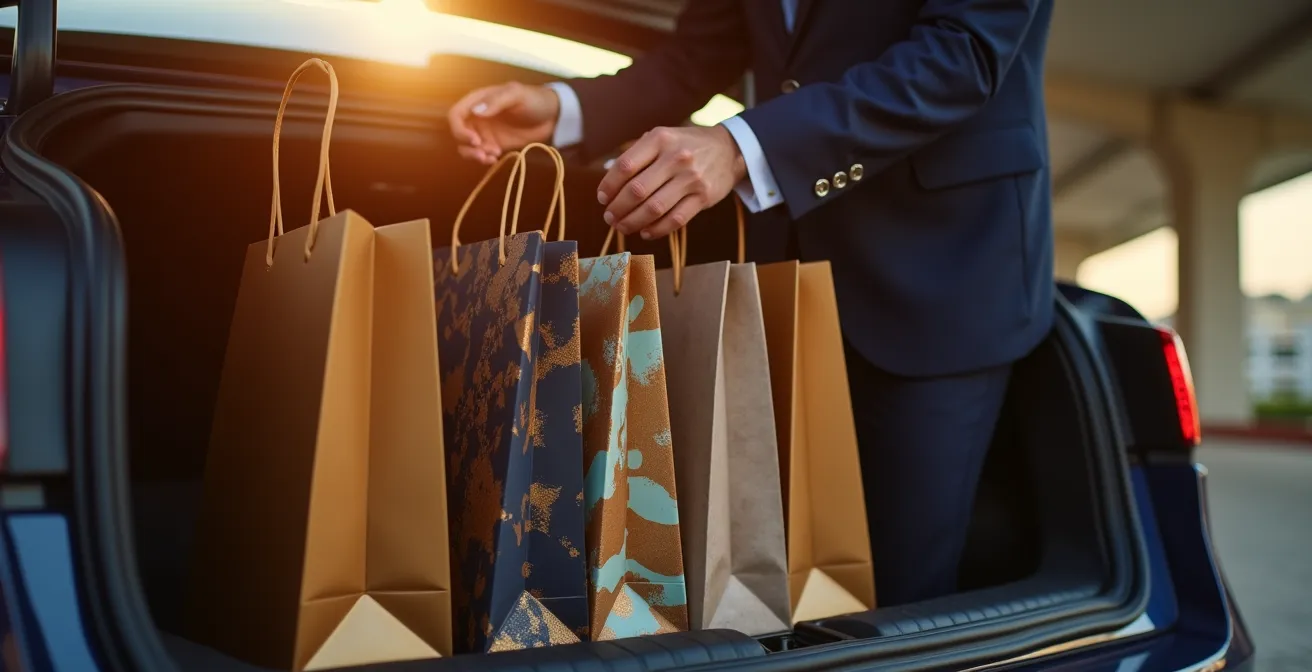Luxury shopping bags being handled by valet service in Dubai mall