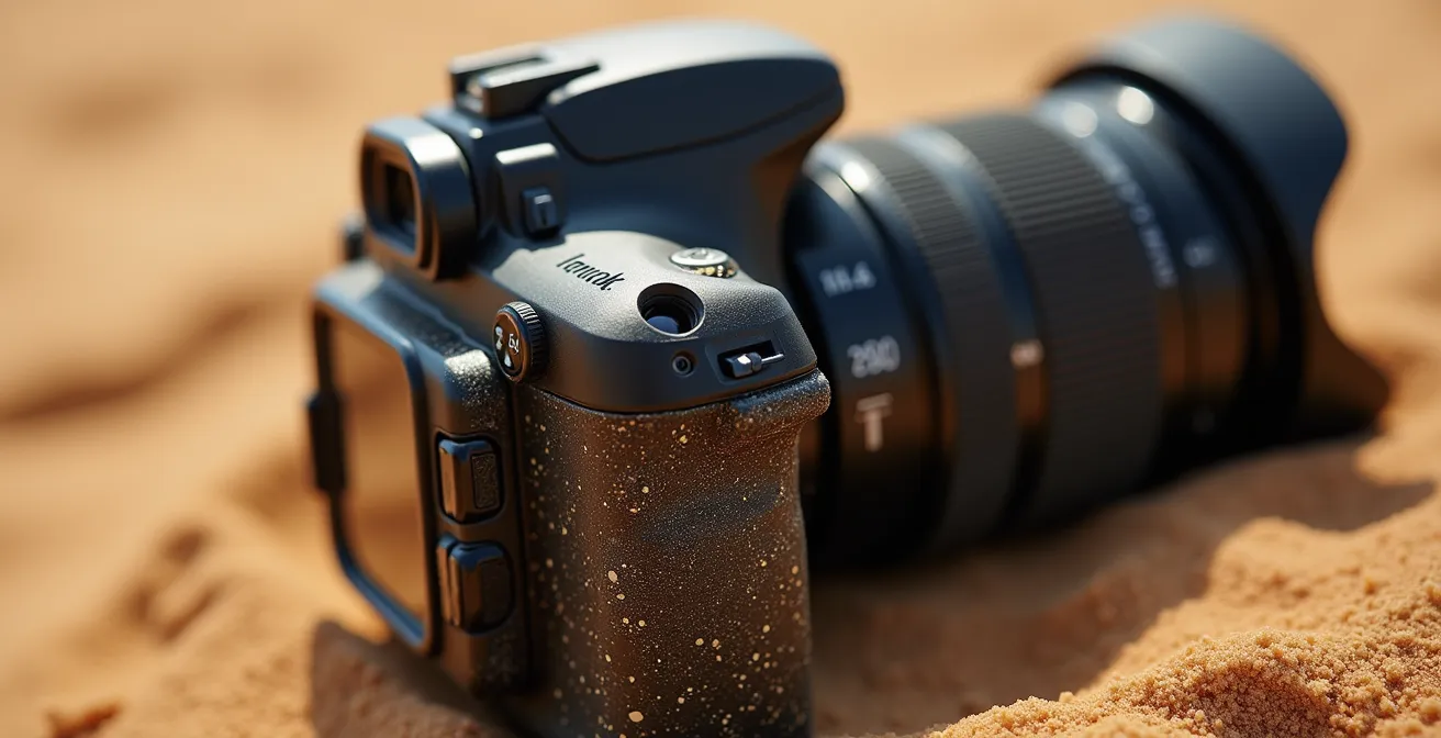 Extreme close-up of camera lens mount sealed with professional gaffer tape against desert sand