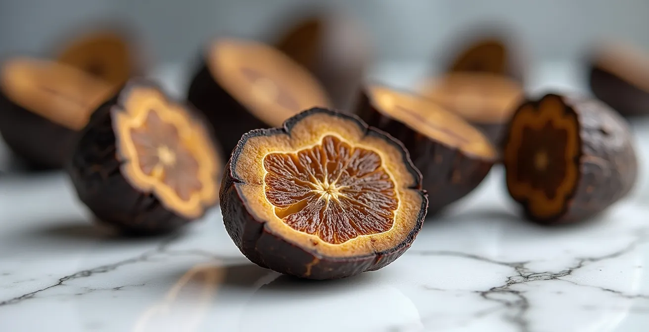 Extreme close-up of freshly cut truffle showing intricate marbled interior texture