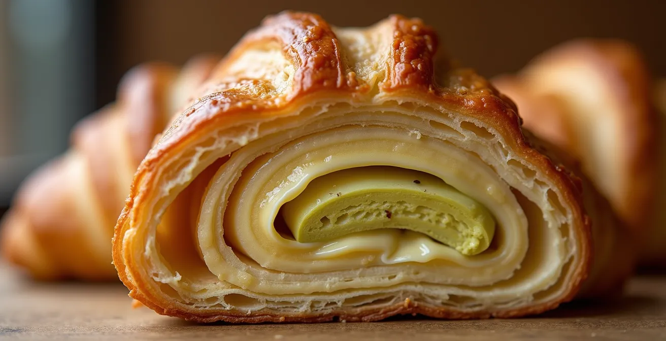 Extreme close-up of layered pastry showing flaky texture and filling