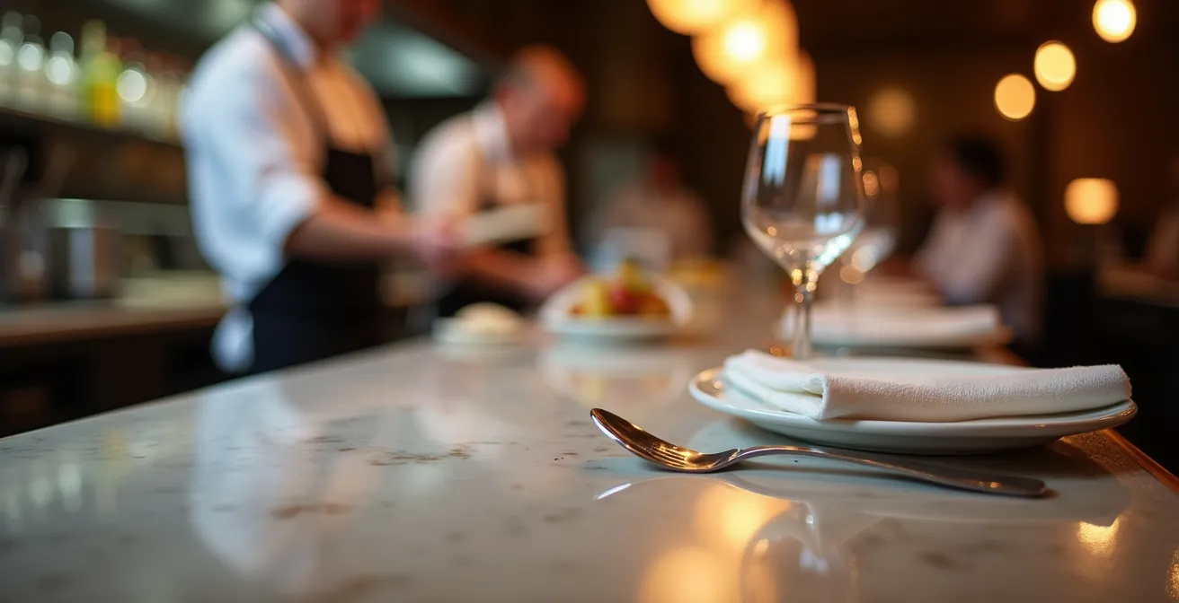 Elegant bar counter at a Michelin-starred restaurant with chef interaction