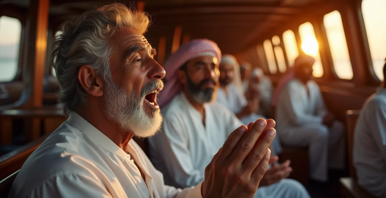 Pearl diving crew singer performing traditional songs on a dhow boat