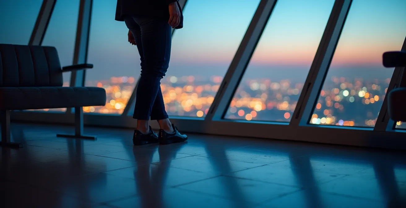 Interior view of a luxurious observation wheel cabin, with a person's feet on the solid floor, looking out at the panoramic city lights.