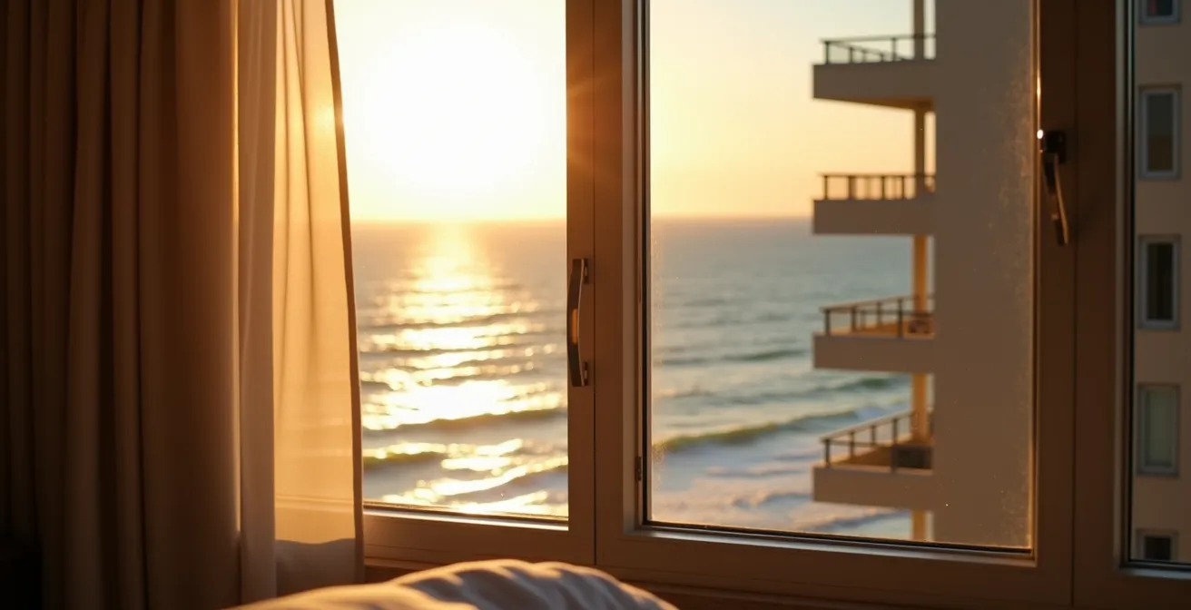 View through hotel room window showing partial ocean vista with architectural elements