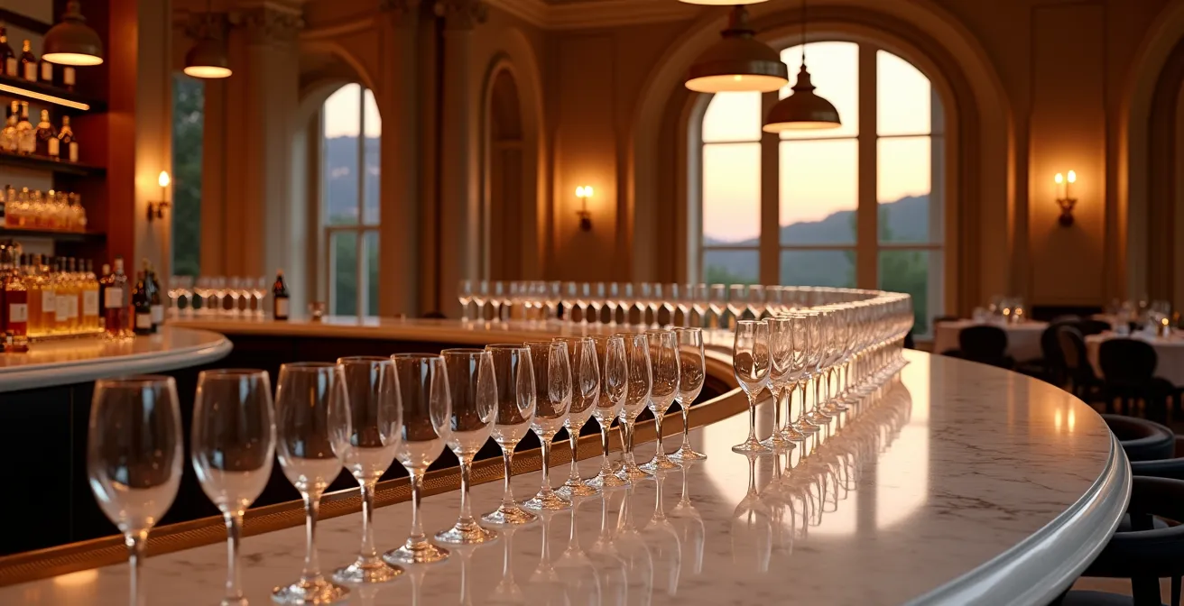 Aerial view of an elegant opera house bar area with curved counter and ambient lighting