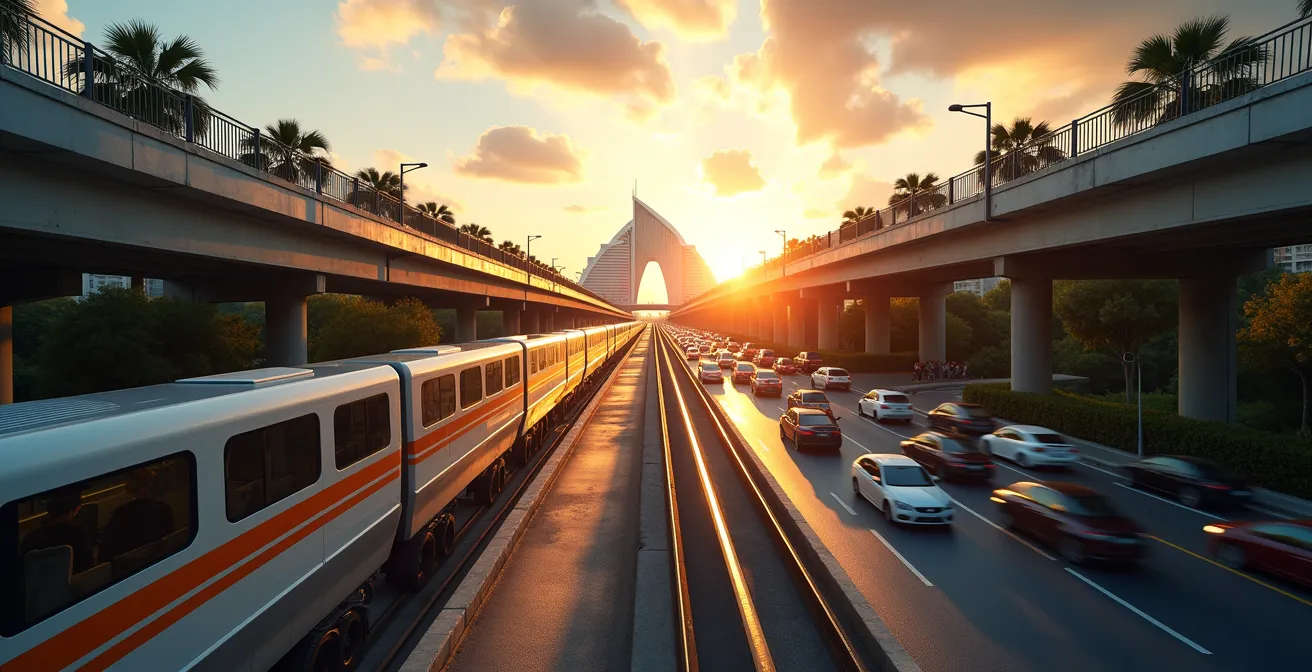 Monorail approaching Atlantis station with Palm Jumeirah trunk visible below