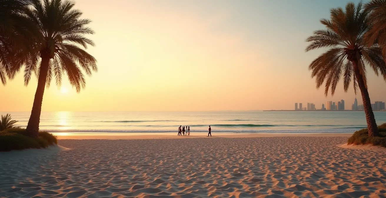 Wide angle view of Palm West Beach during golden hour with visitors enjoying the shoreline