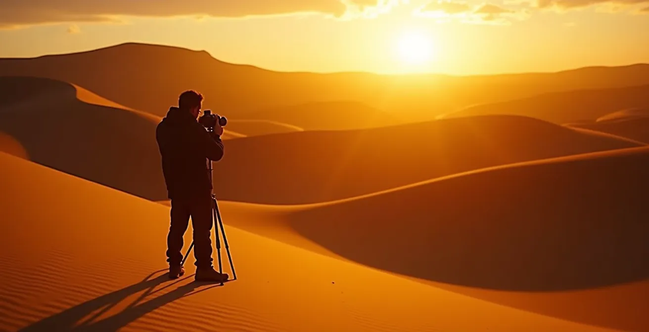 Photographer with camera on tripod capturing pristine sand dunes during golden hour