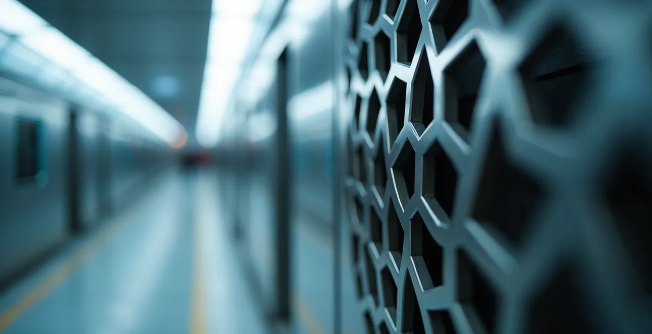 A close-up of spotless, clean air vents in a modern metro station, showing the quality of the air filtration system.