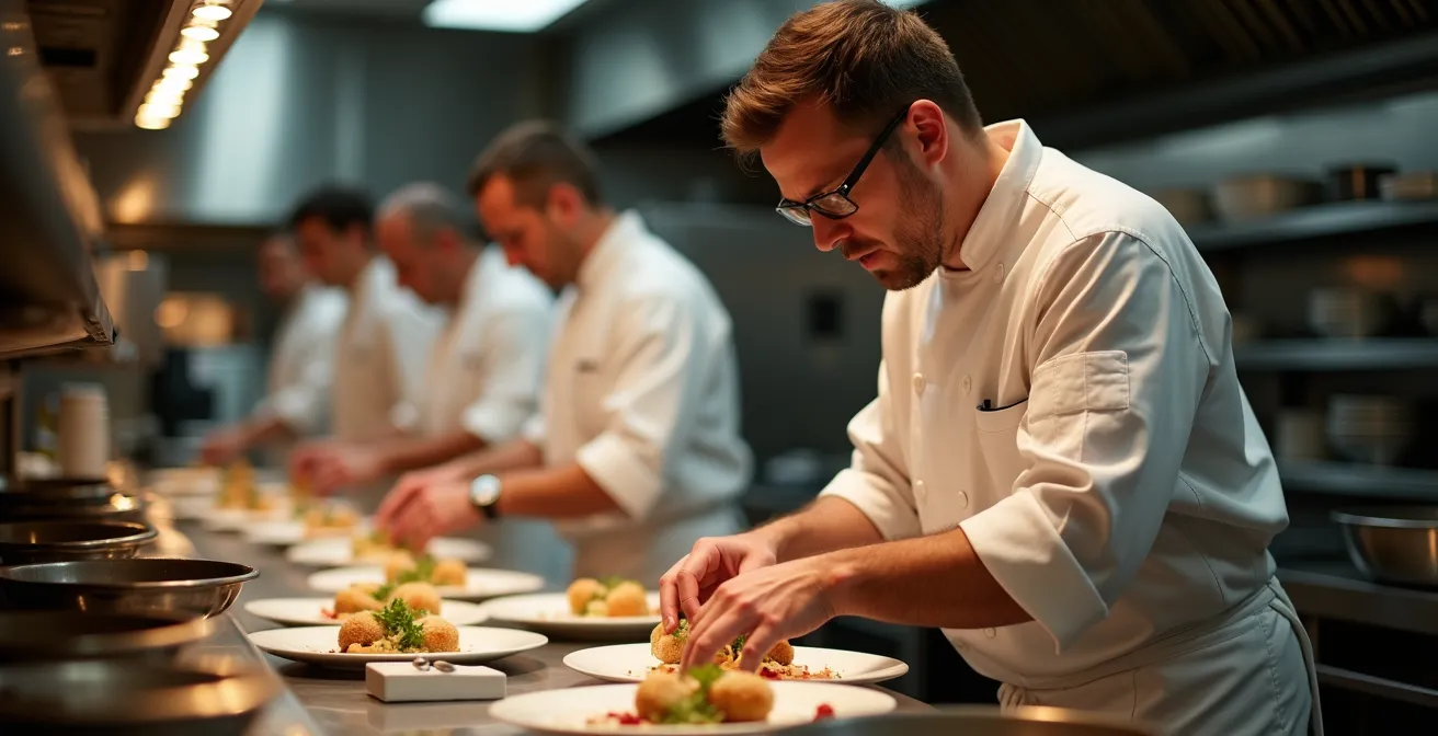 Professional kitchen brigade working in synchronized motion during dinner service