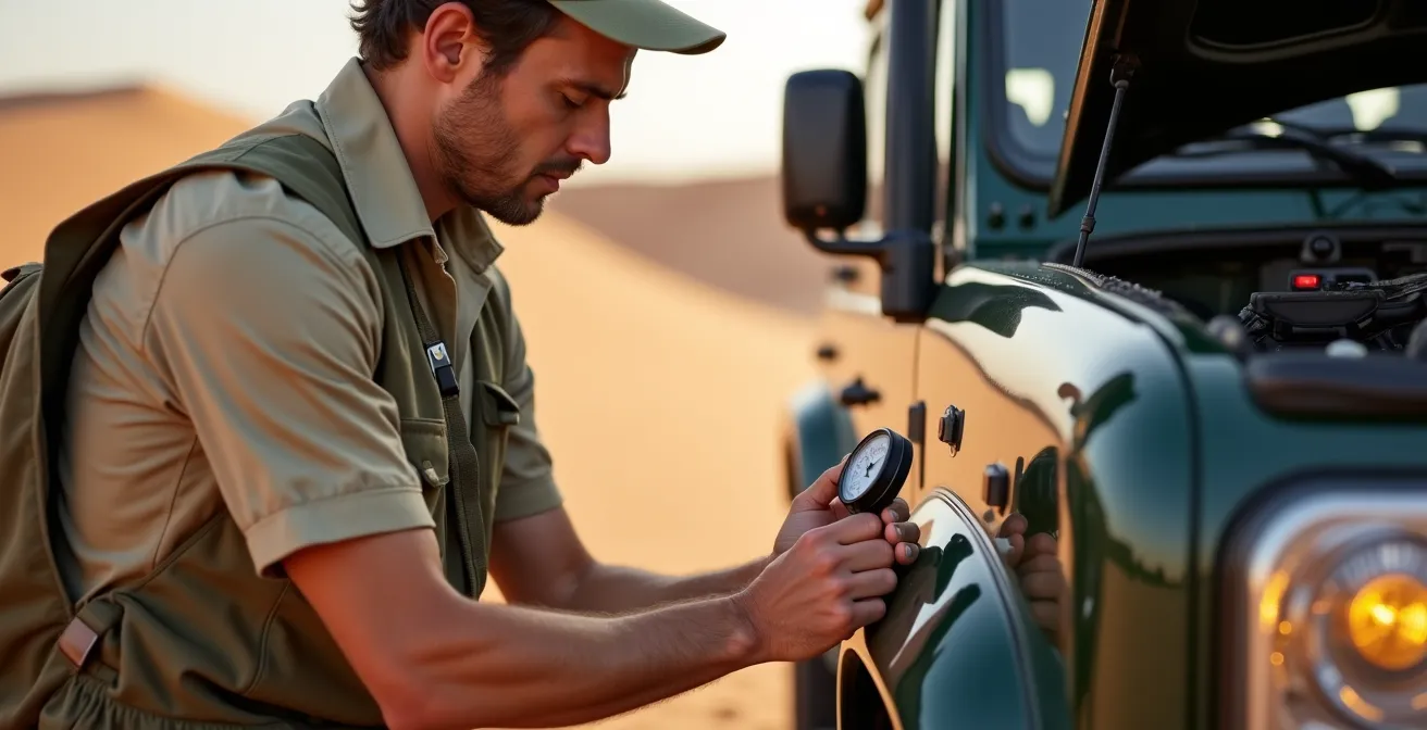 Professional safari guide inspecting Land Cruiser safety equipment in desert setting