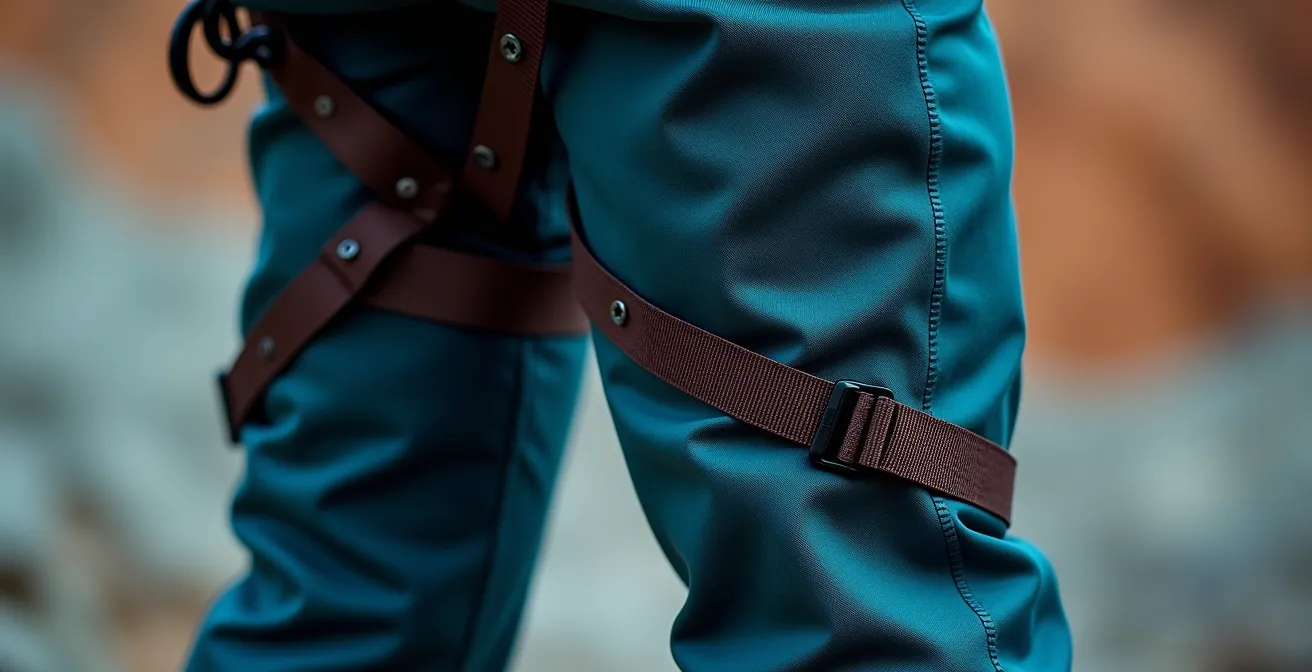 Close-up of properly fitted tandem harness over appropriate athletic clothing