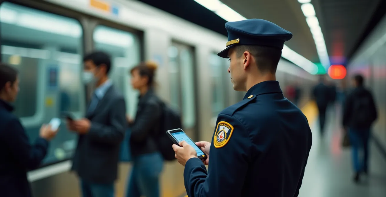 RTA inspector in uniform checking passenger cards at a metro platform during peak hours