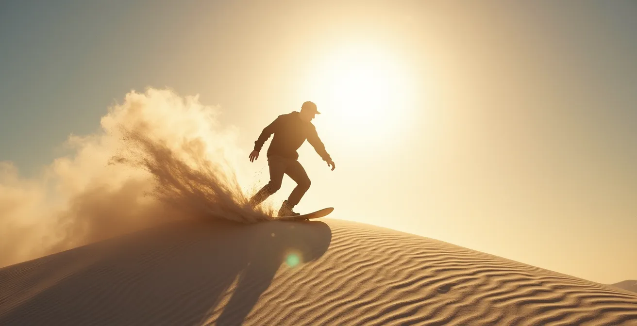 Silhouetted figure against blazing desert sun with heat waves