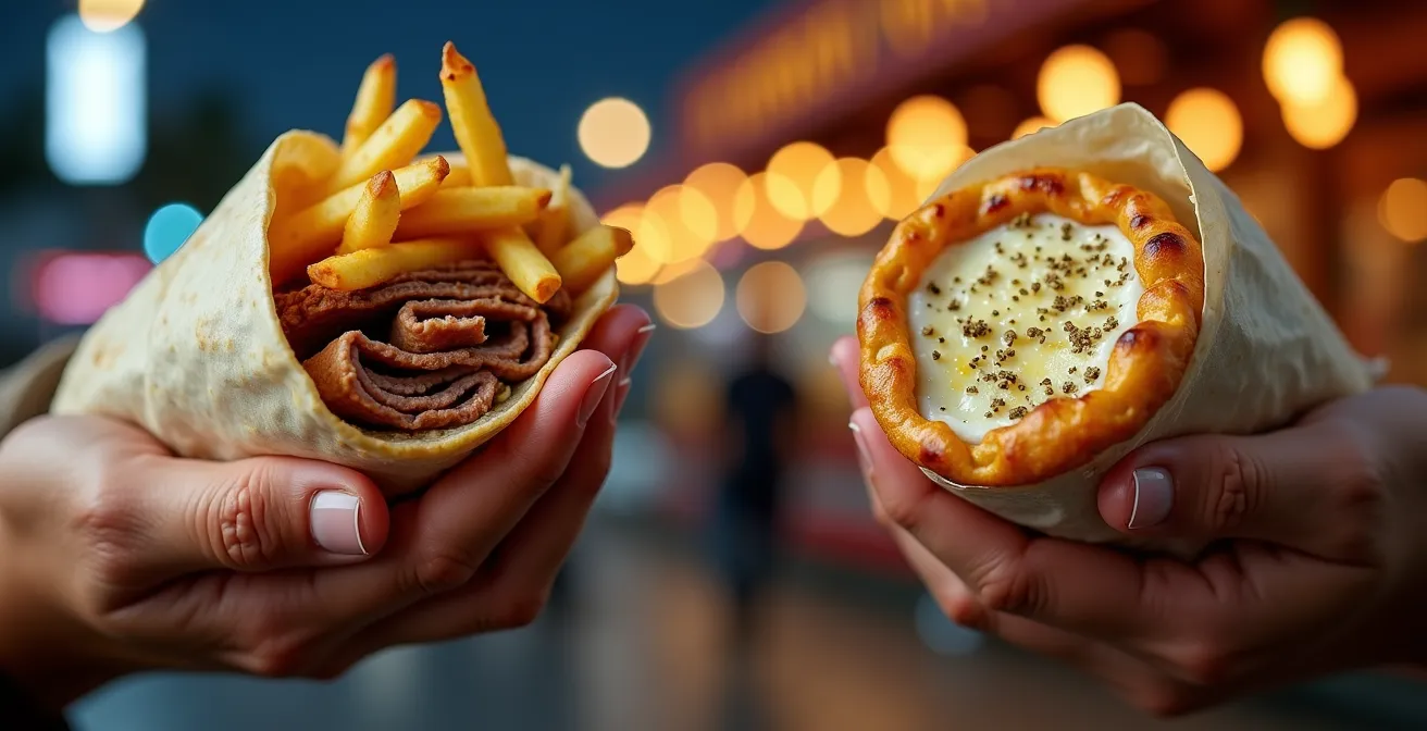 Split composition showing freshly prepared shawarma and manakish in a Dubai street setting