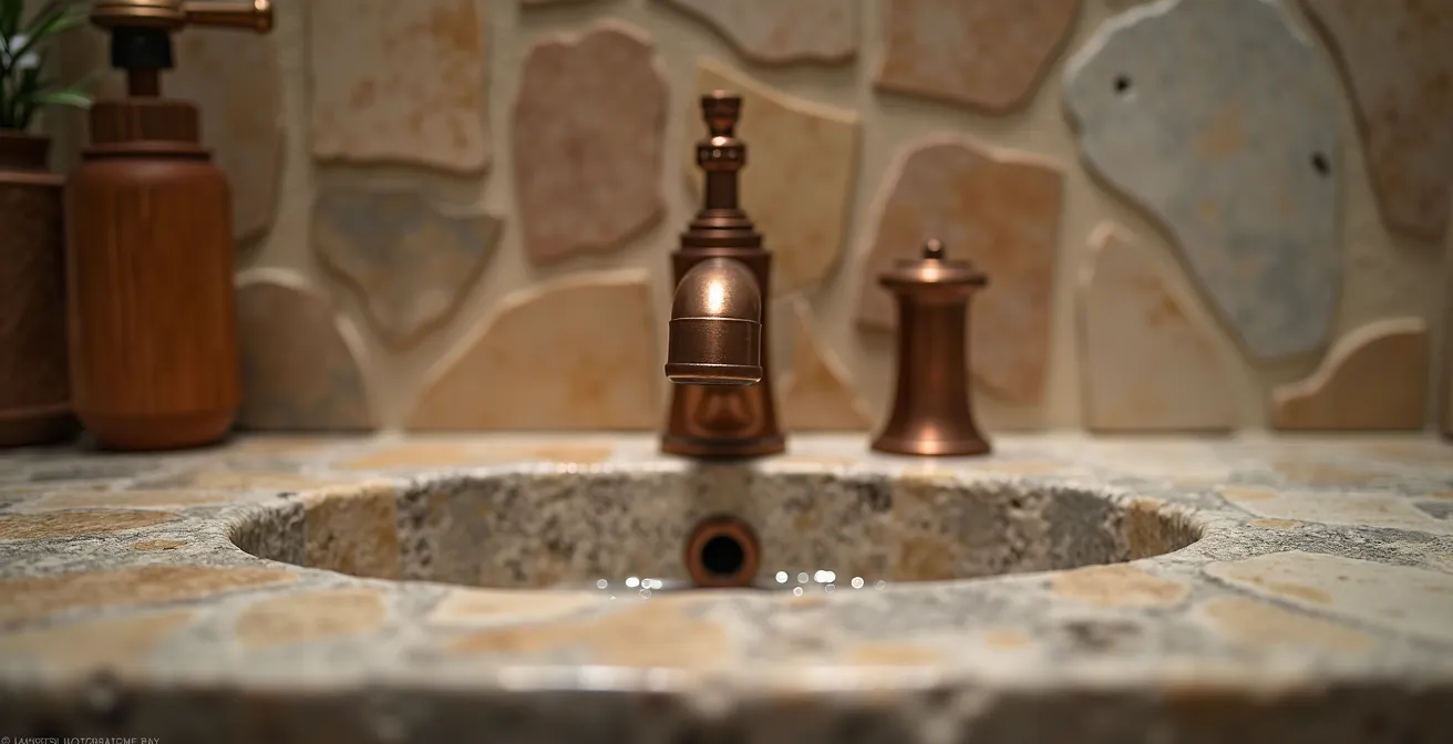 Clean permanent bathroom facilities in a desert camp, constructed with natural stone and wood, featuring water conservation signage.
