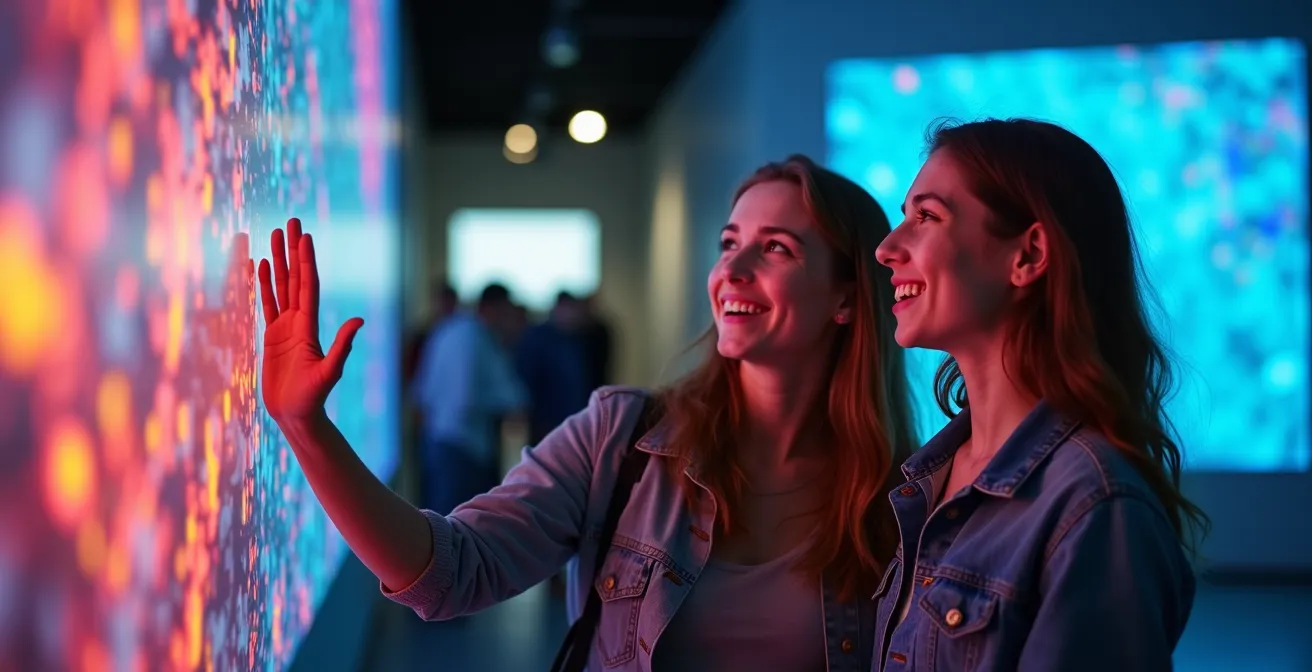 Teenagers engaging with touchscreen exhibits in modern museum setting