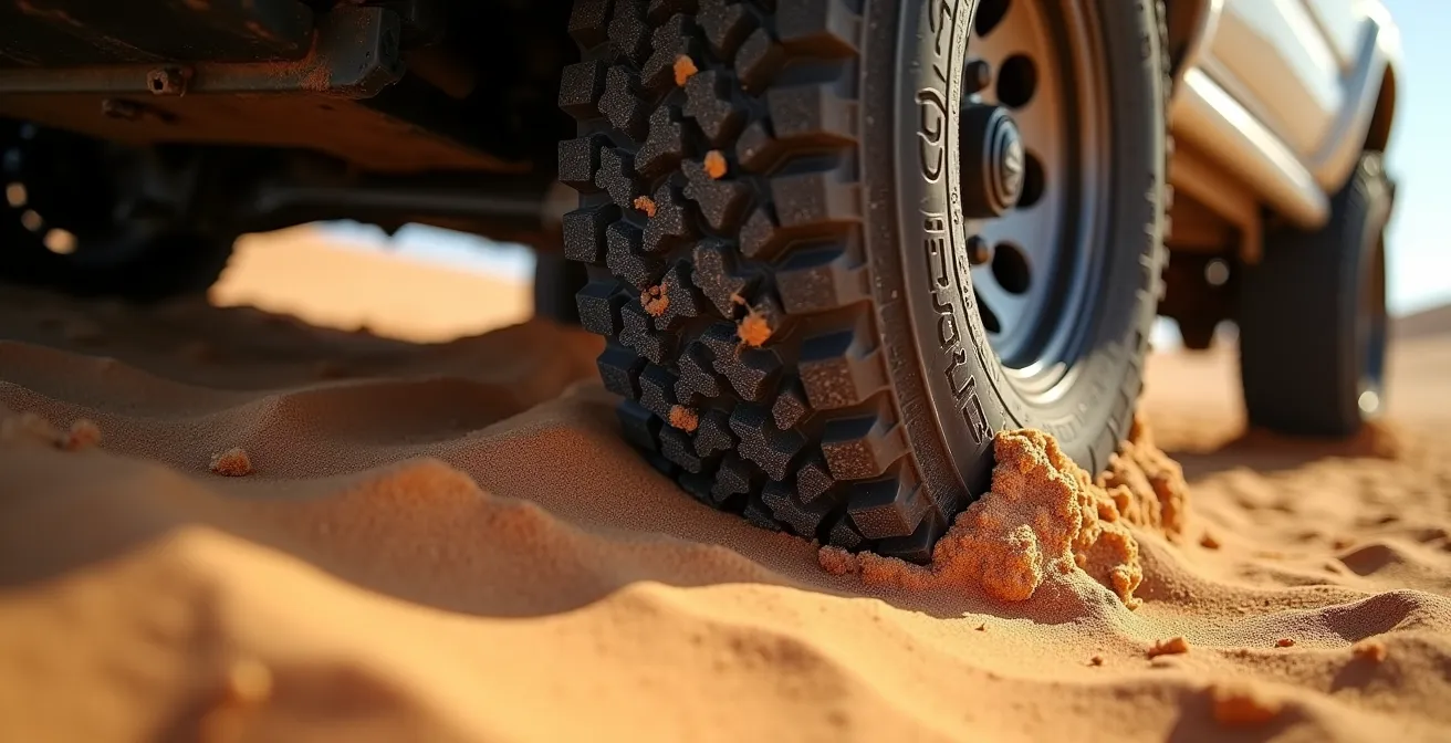 Close-up comparison of properly deflated tire for sand driving versus over-inflated tire