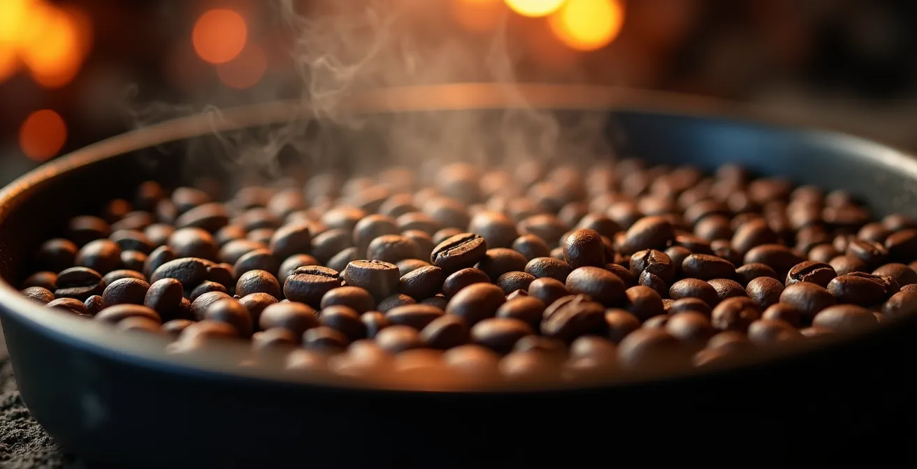 Close-up of traditional coffee beans being roasted showing steam and rich textures