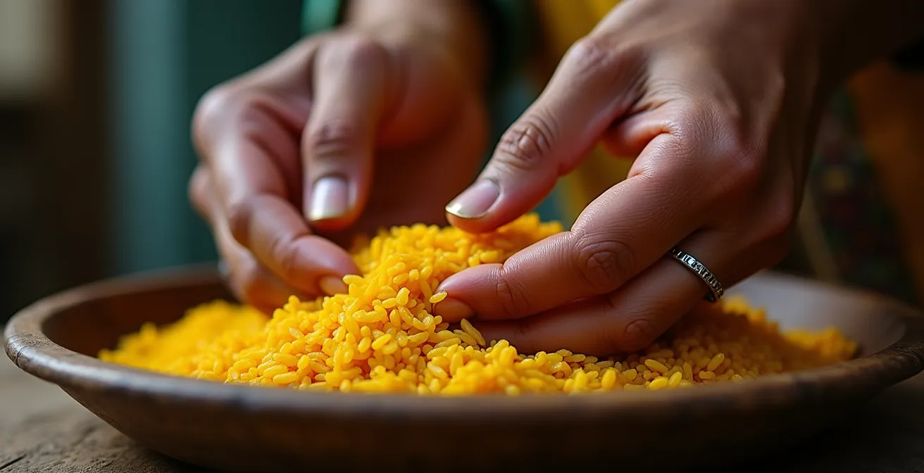Close-up of hands demonstrating the traditional three-finger Emirati eating technique with rice