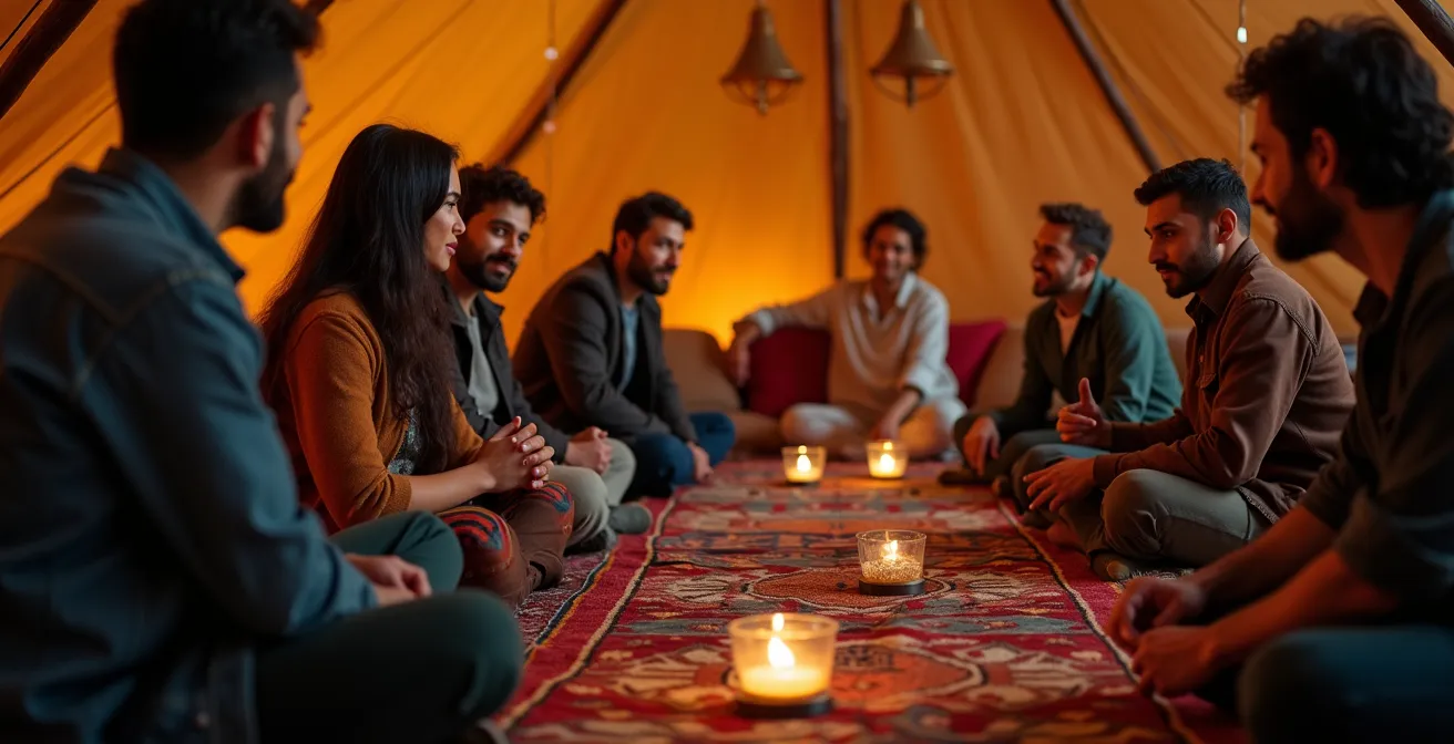 Low-slung traditional Majlis-style seating arrangement in a desert camp with colorful cushions and rugs, promoting a communal atmosphere.