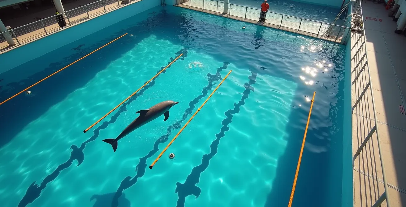 Marine mammal trainer demonstrating proper distance and safety protocols with young participants