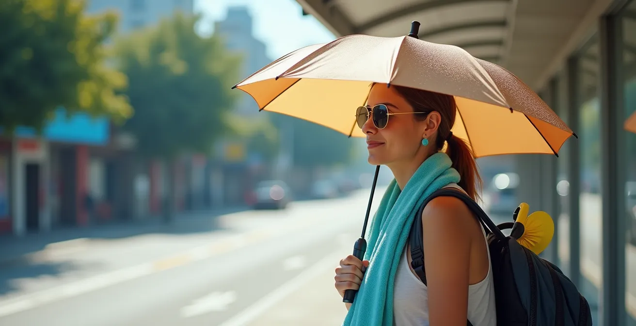 A person creating a personal cooling zone with a UV umbrella and a small fan at an unsheltered bus stop.