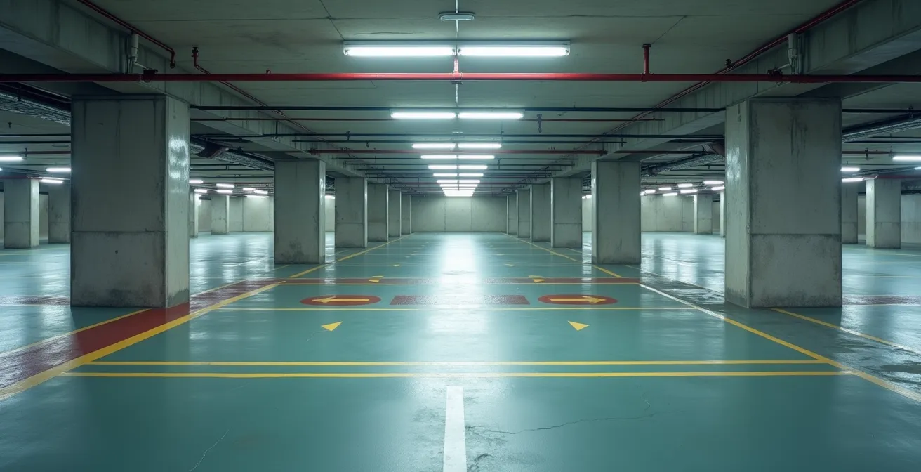 Empty underground parking garage with clear directional signage and available spaces