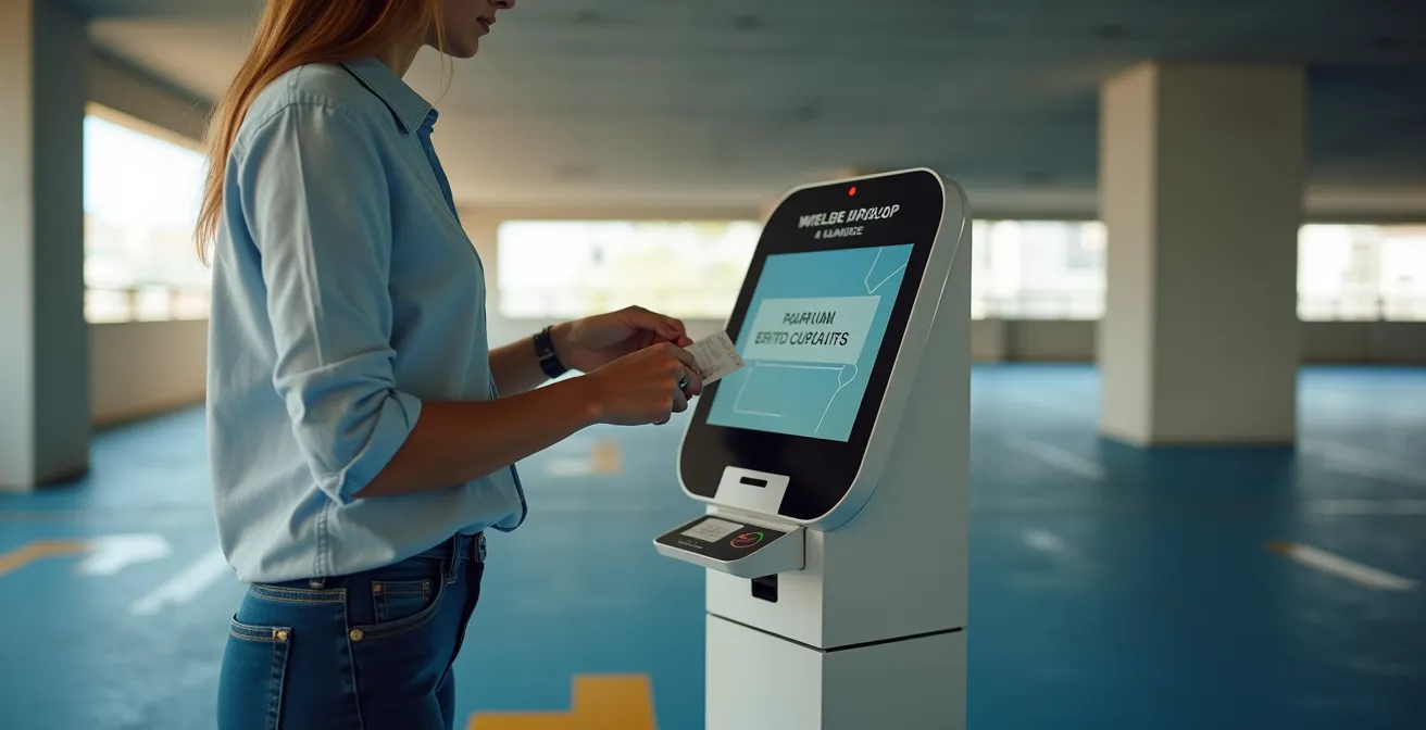 Modern parking validation kiosk in underground parking area with person inserting ticket