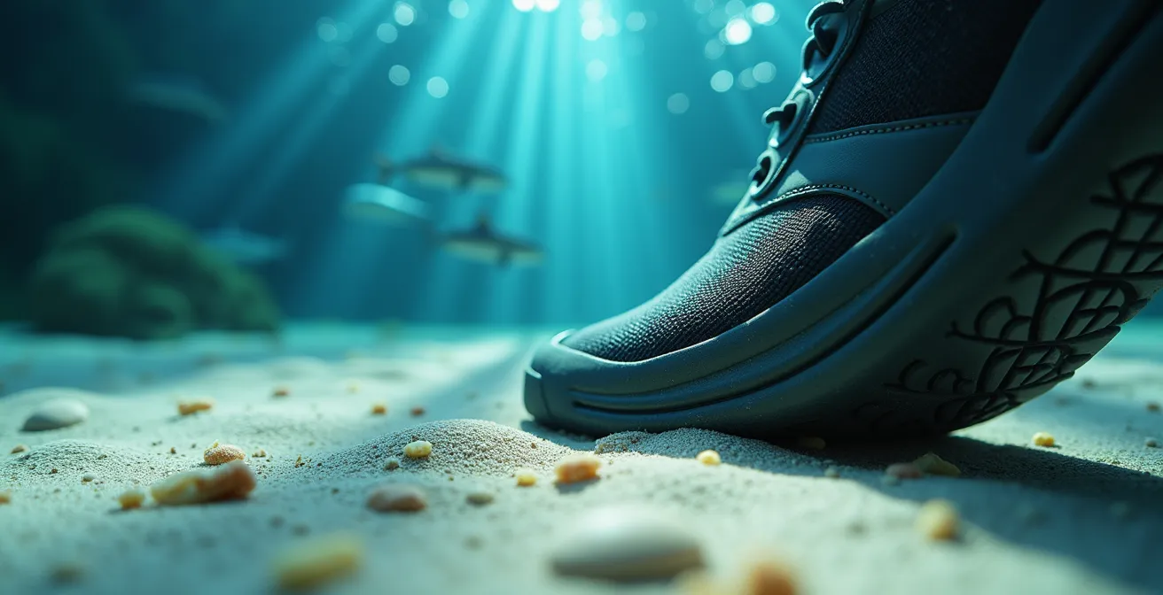 Close-up view of specialized water shoes on lagoon floor with sharks swimming overhead