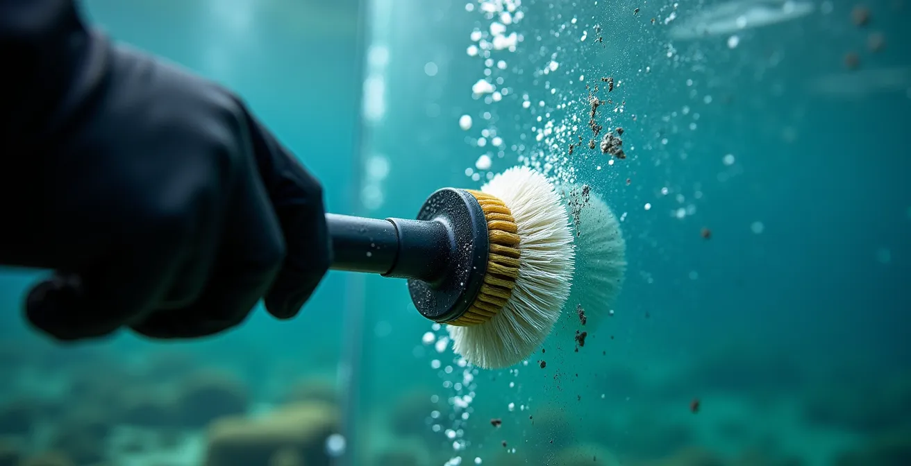 Professional divers cleaning underwater windows with specialized tools