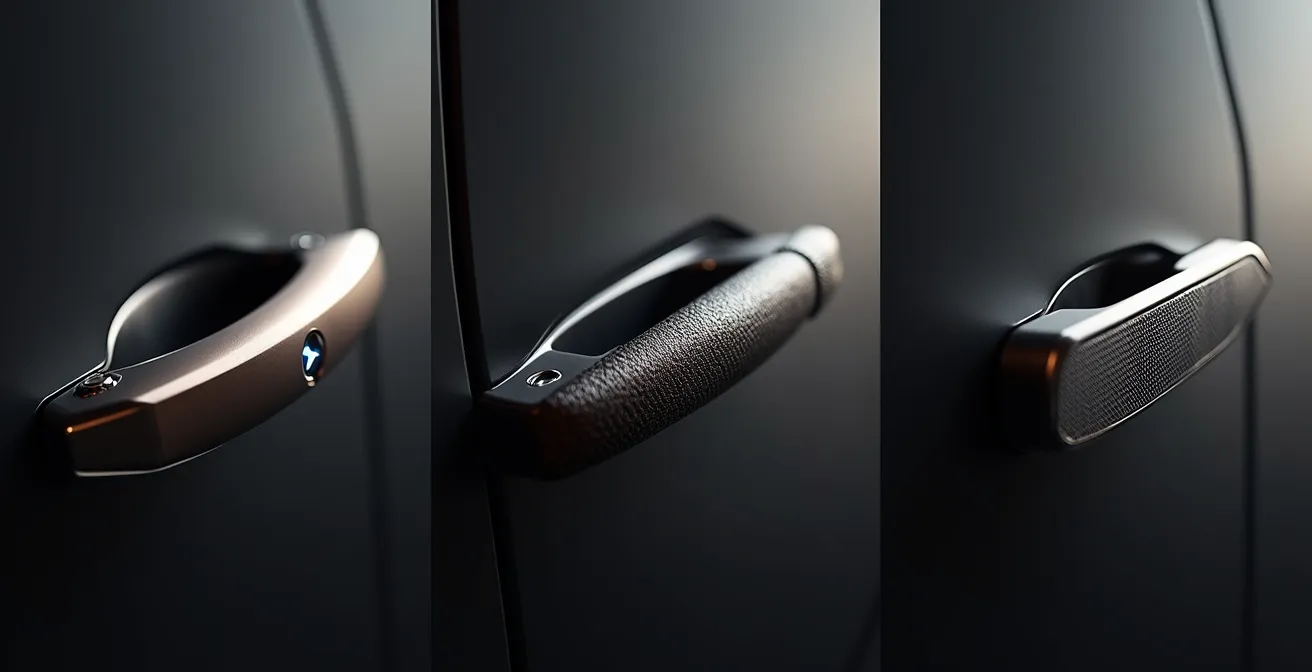 Macro detail of three luxury car door handles showing different design philosophies