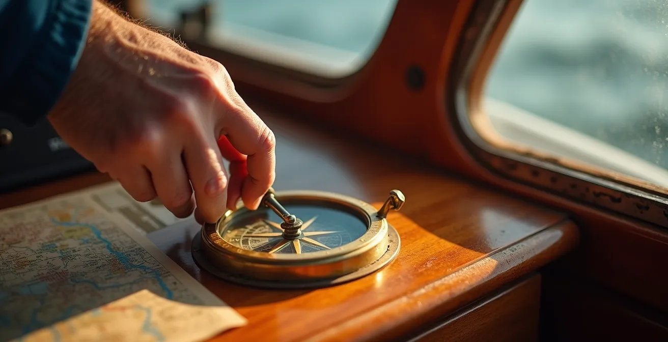 Close-up of captain's weathered hands adjusting navigation equipment on luxury yacht