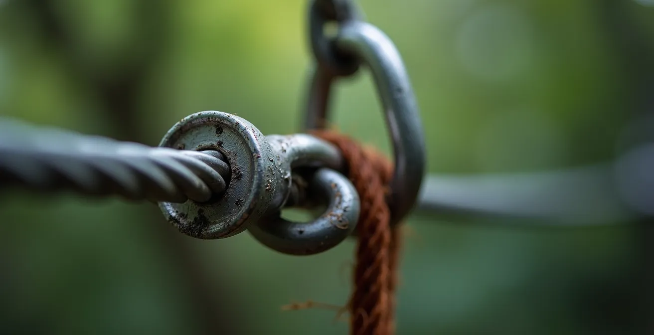 Close-up view of a heavy-duty zipline cable and harness attachment point showing engineering components